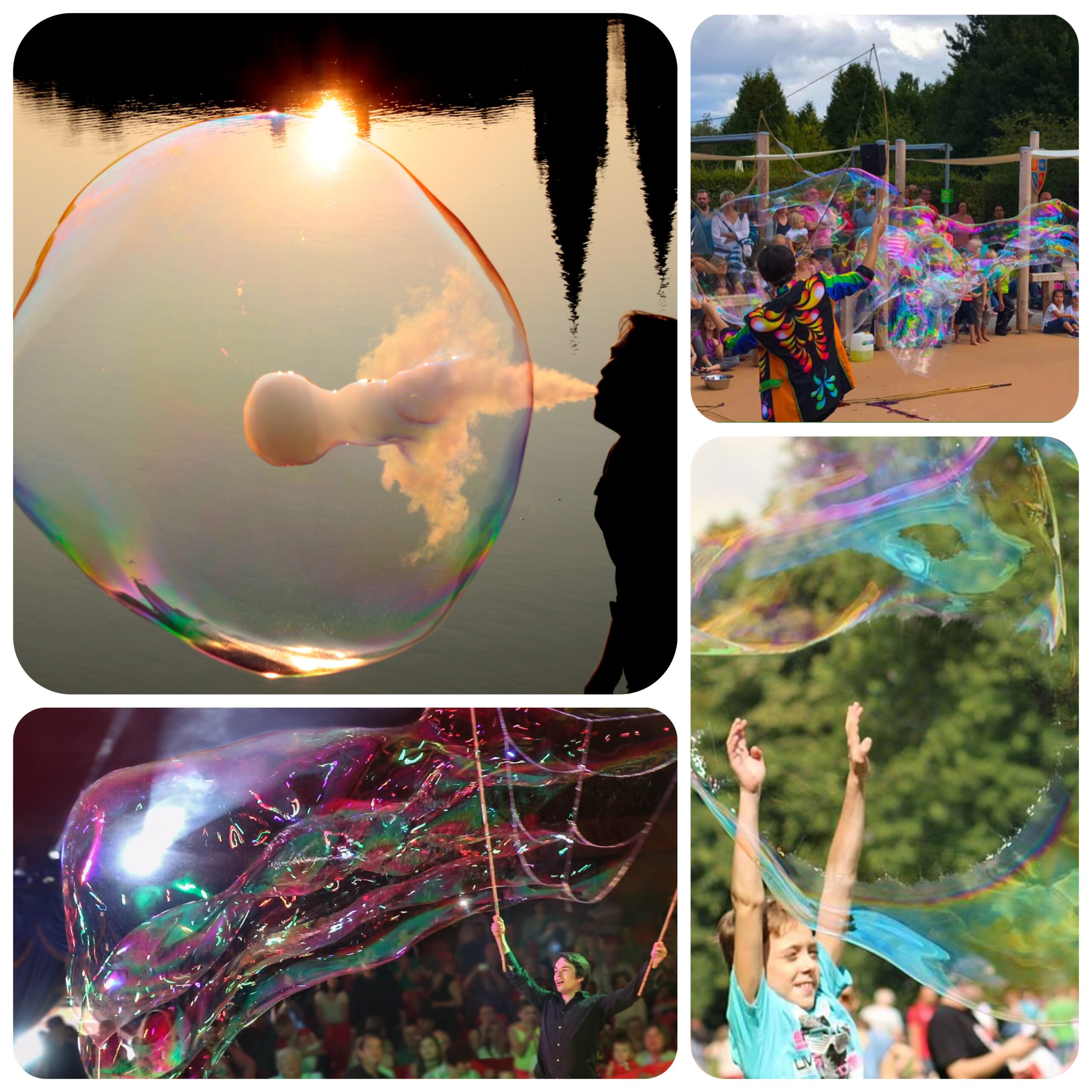 giant smoke bubble, joyful people